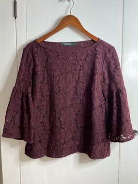 Lauren Ralph Lauren Women's Cotton Lace Bell 3/4 Sleeve Blouse Burgundy Size S